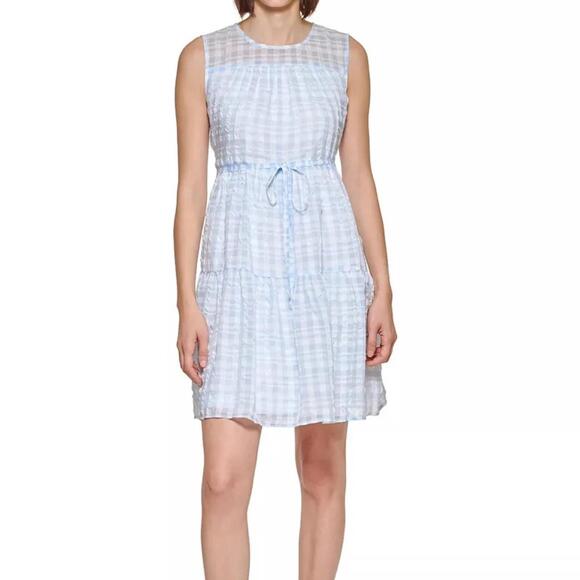 Calvin Klein Blue White Plaid Seersucker Sleeveless Short Mini Dress Size Small - Picture 1 of 7